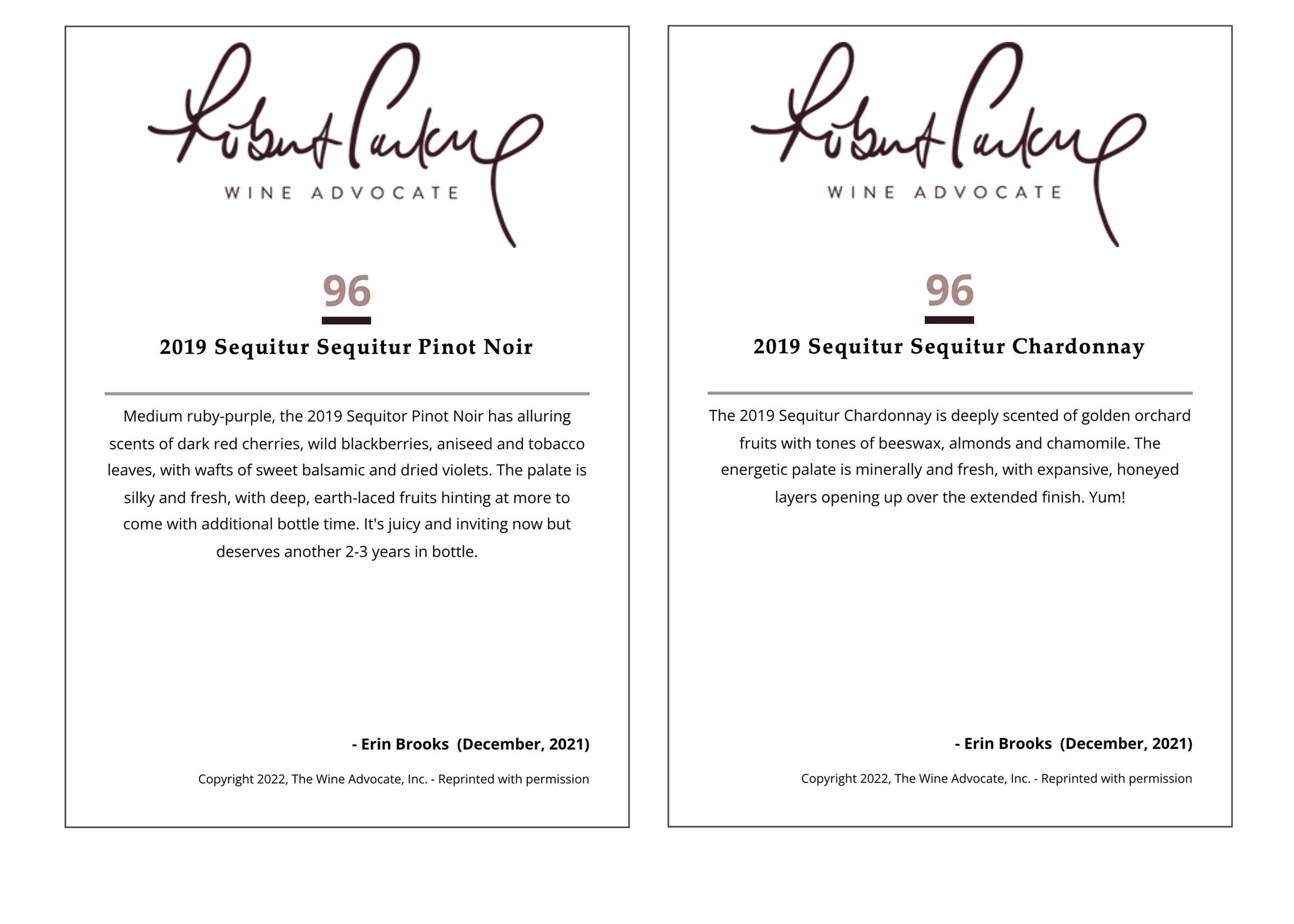 Wine Advocate reviews for 2019 Sequitur Pinot Noir and Chardonnay
