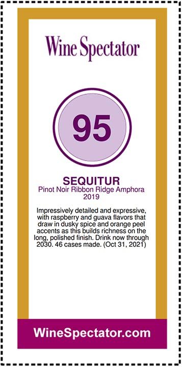 Wine Spectator review of Sequitur 2019 Pinot Noir Ribbon Ridge