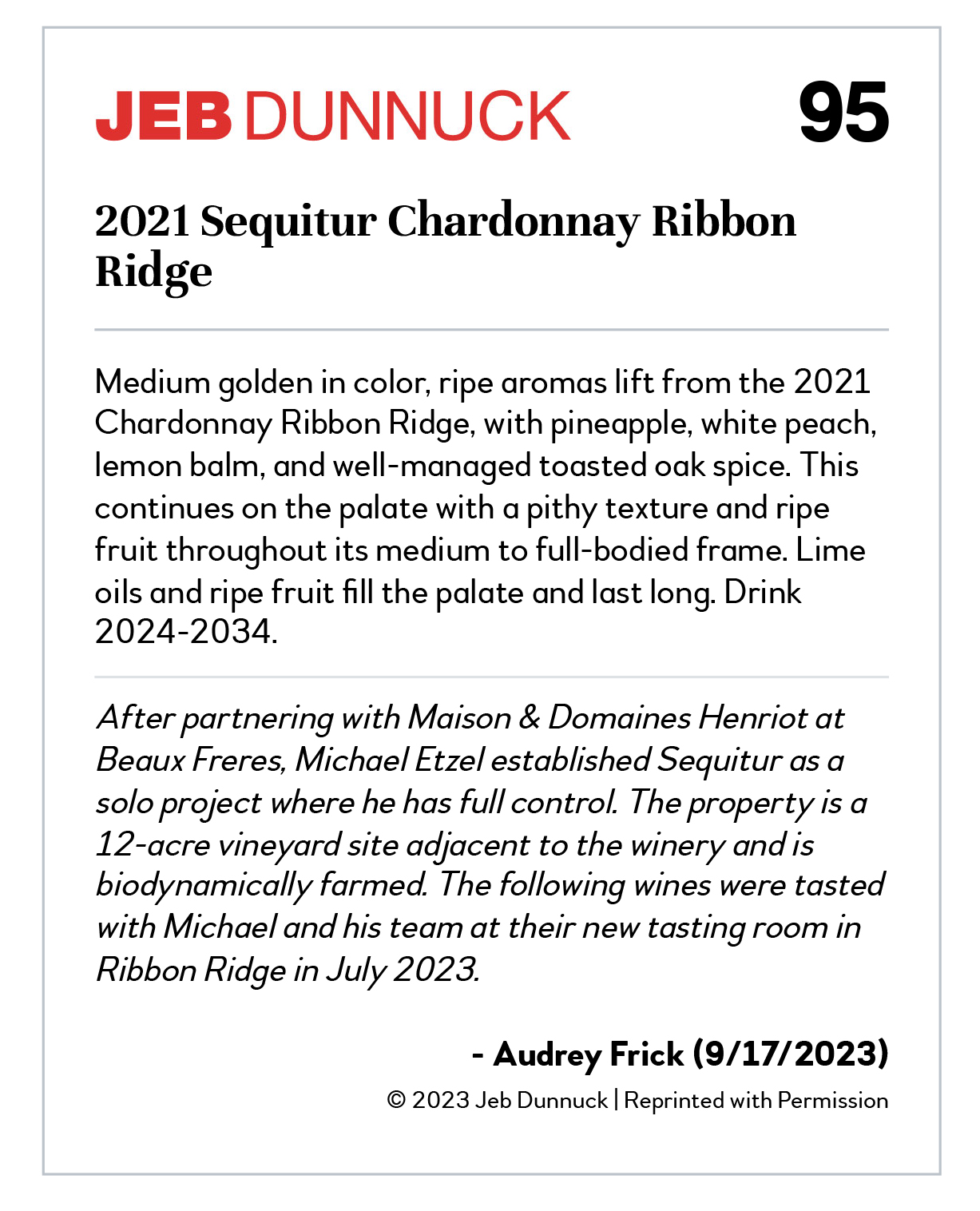 Description of 2021 Sequitur Chardonnay Ribbon Ridge