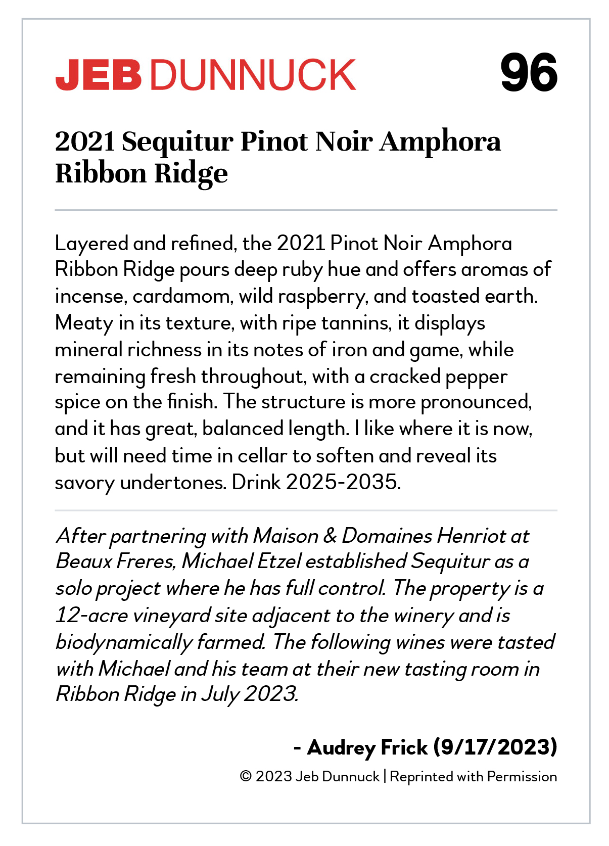 Description of 2021 Sequitur Pinot Noir Amphora Ribbon Ridge