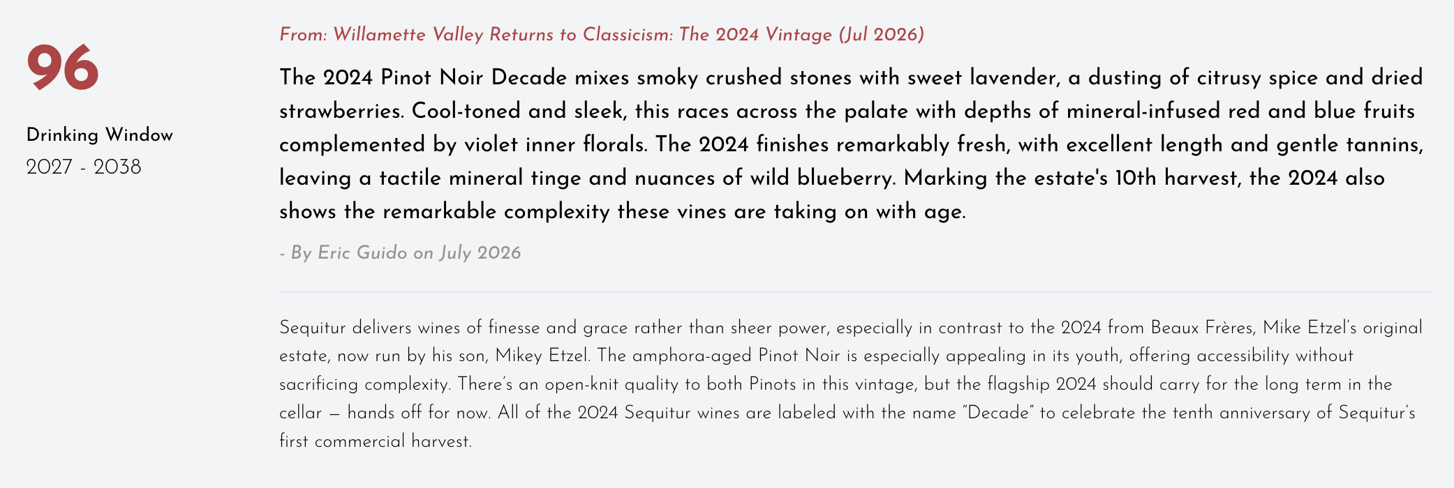 Jeb Dunnuck 96 score for 2024 Sequitur Pinot Noir Decade